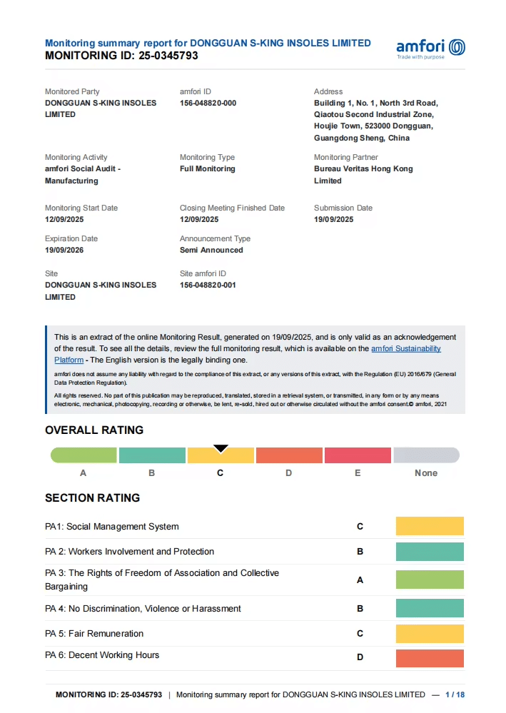amfori BSCI social audit monitoring report for Dongguan S-King Insoles Limited