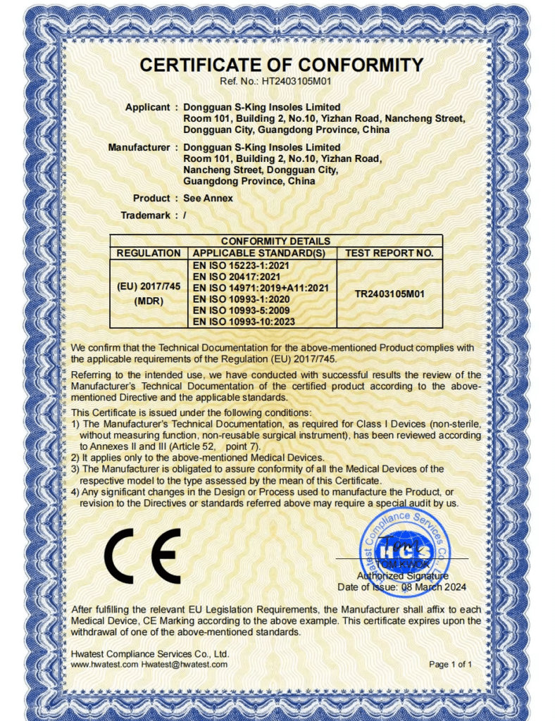 CE Certificate of Conformity issued to Dongguan S-King Insoles Limited under EU MDR 2017/745