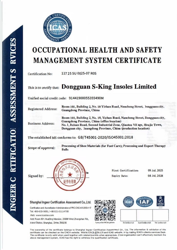 ISO 45001:2018 occupational health and safety management certificate for Dongguan S-King Insoles Limited