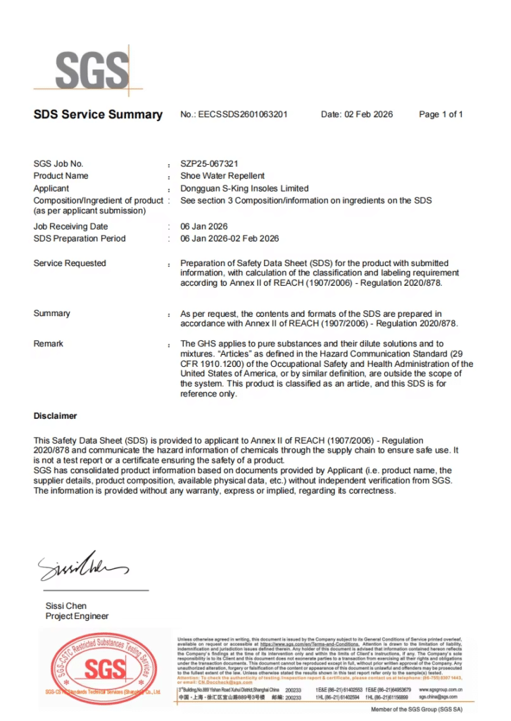 SGS Safety Data Sheet service summary for S-King shoe water repellent
