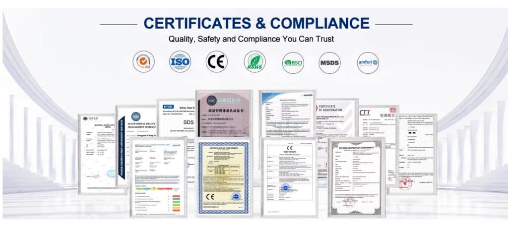 S-King factory certificates and compliance documents, including ISO, CE, BSCI, MSDS, RoHS, social audit, and product test reports.