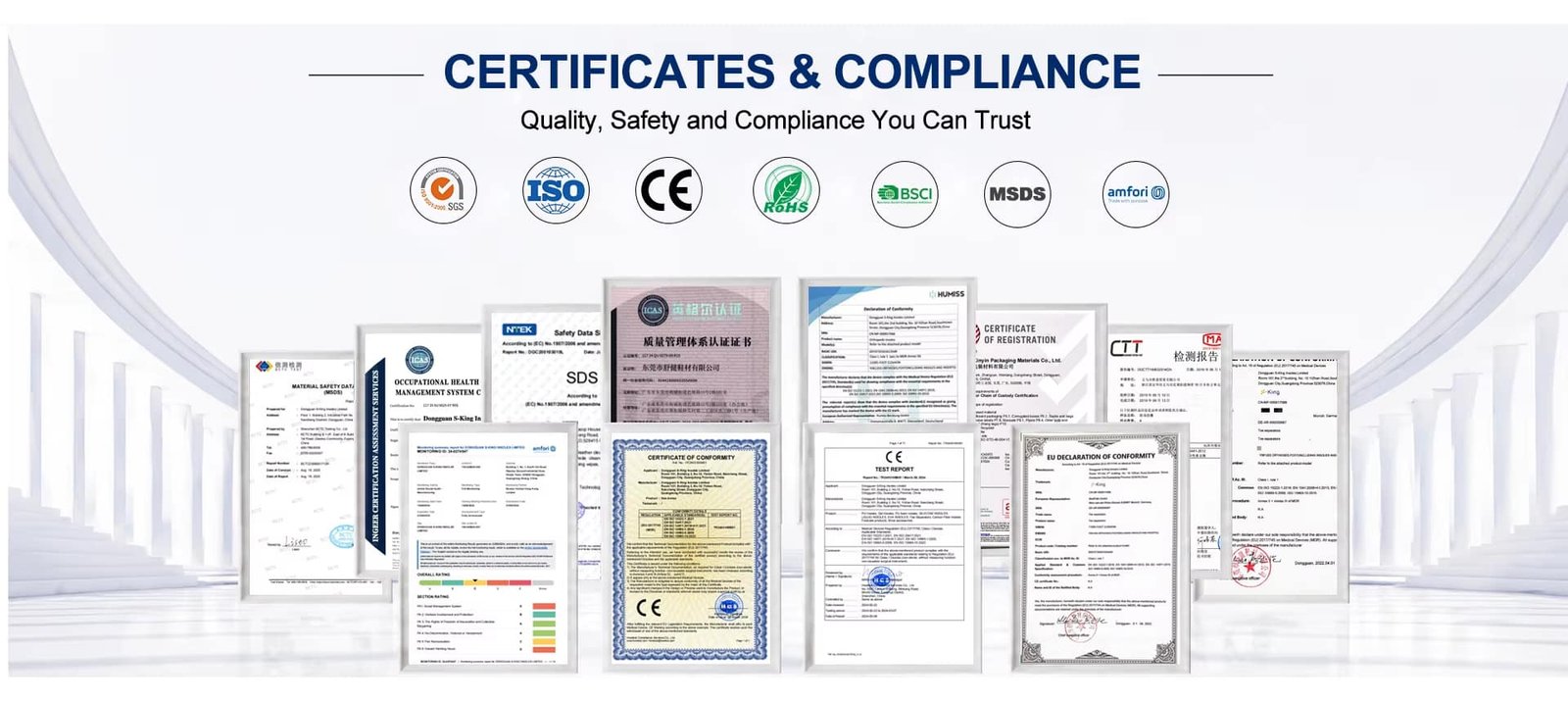 S-King factory certificates and compliance documents, including ISO, CE, BSCI, MSDS, RoHS, social audit, and product test reports.