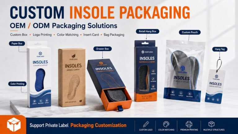 Custom insole packaging solutions featuring paper boxes, drawer boxes, retail hang boxes, custom pouches, and hang tags for OEM and ODM private label footwear brands.