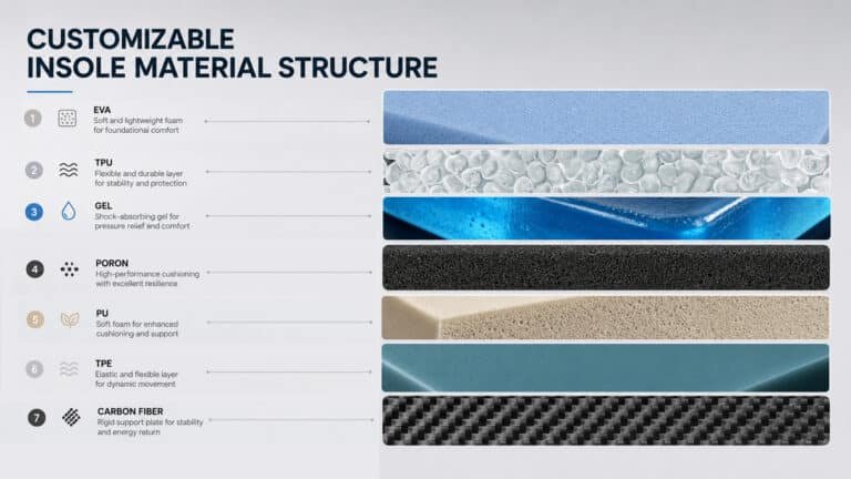 Custom insole material structure showing EVA, TPU, Gel, PORON, PU, TPE, and carbon fiber layers for OEM and ODM footwear insoles with different cushioning and support properties.