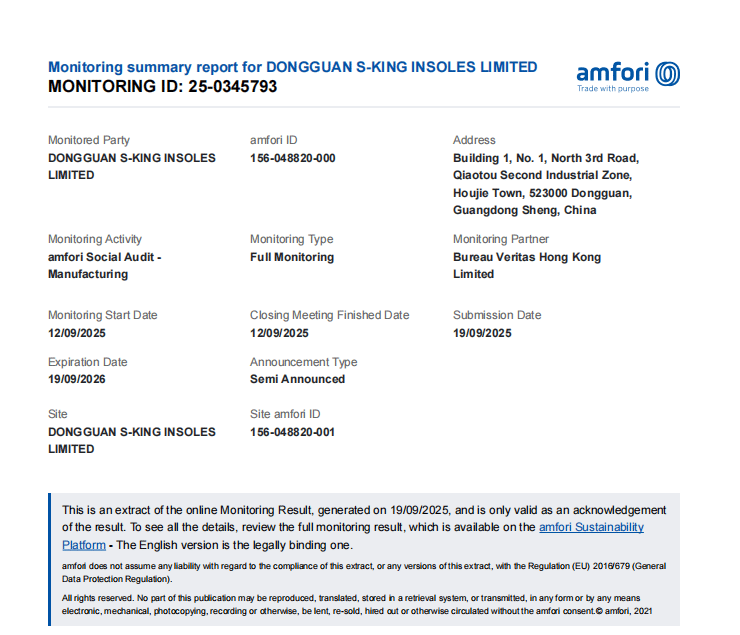 amfori BSCI social audit monitoring summary report for Dongguan S-King Insoles Limited, documenting factory social compliance monitoring conducted by Bureau Veritas Hong Kong Limited.