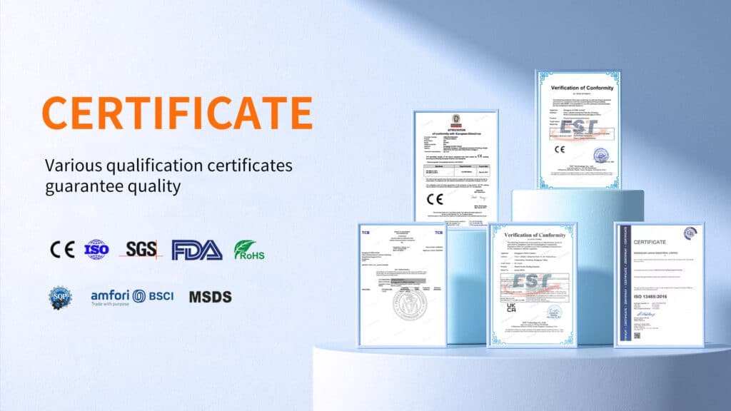 S-King insole factory certification display including CE, ISO, SGS, RoHS, BSCI and MSDS documents