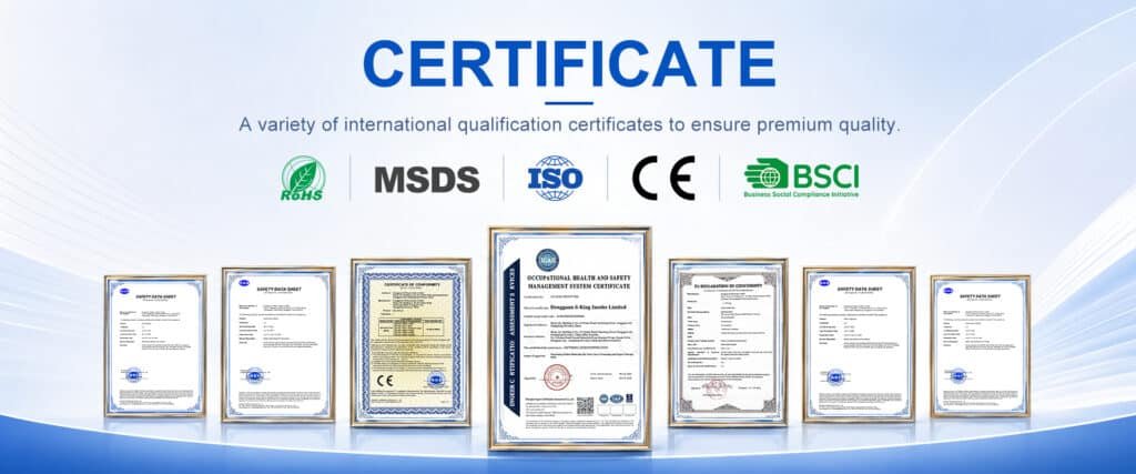 S-King insole manufacturer certifications including CE, ISO, RoHS, MSDS, BSCI, occupational health and safety management system certification, EU Declaration of Conformity, and product safety data sheets for quality assurance and OEM/ODM insole manufacturing.